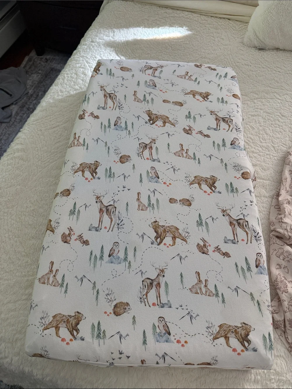 Woodland Friends changing pad Cover - White with Brown and Green Print